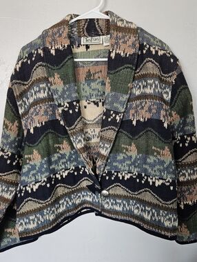 Tantrums Vintage Women's Medium Tapestry Blazer Jacket Blue Green Beige Shawl
